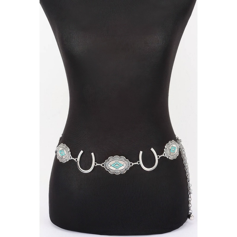 Horseshoe Concho Chain Belt Womens Turquoise New Western Boho
